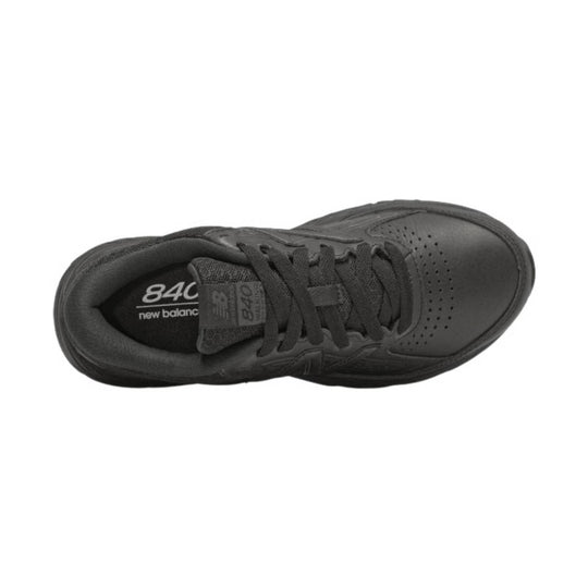 Black running shoe with mesh upper, lace-up closure, and perforated toe box, shown from above