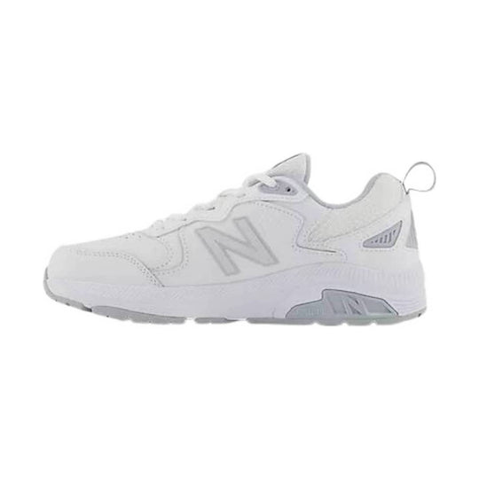 White low-top lace-up athletic shoe with gray mesh panels, synthetic overlays, and a dark outsole.