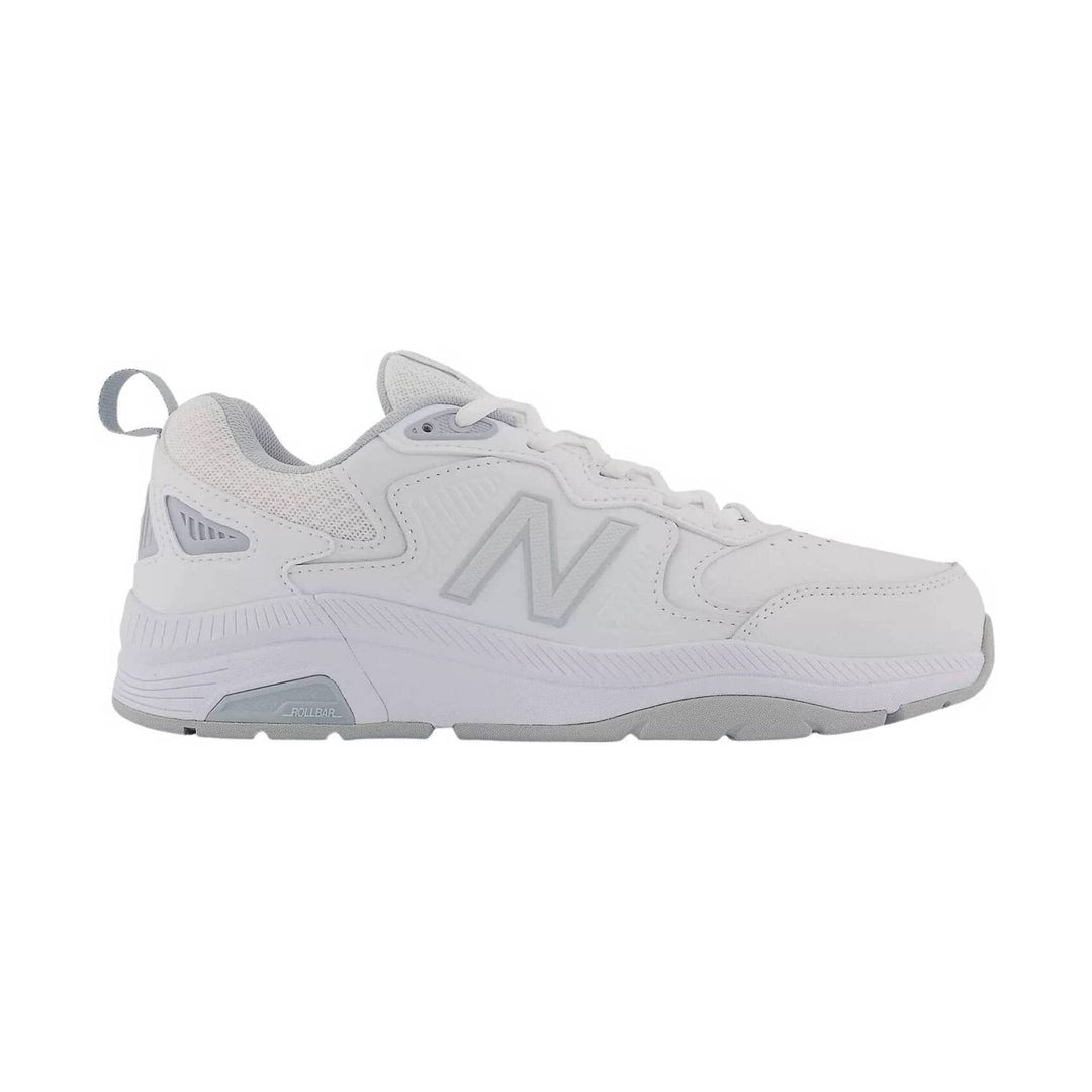 White athletic sneaker with gray accents and a visible Rollbar sole insert