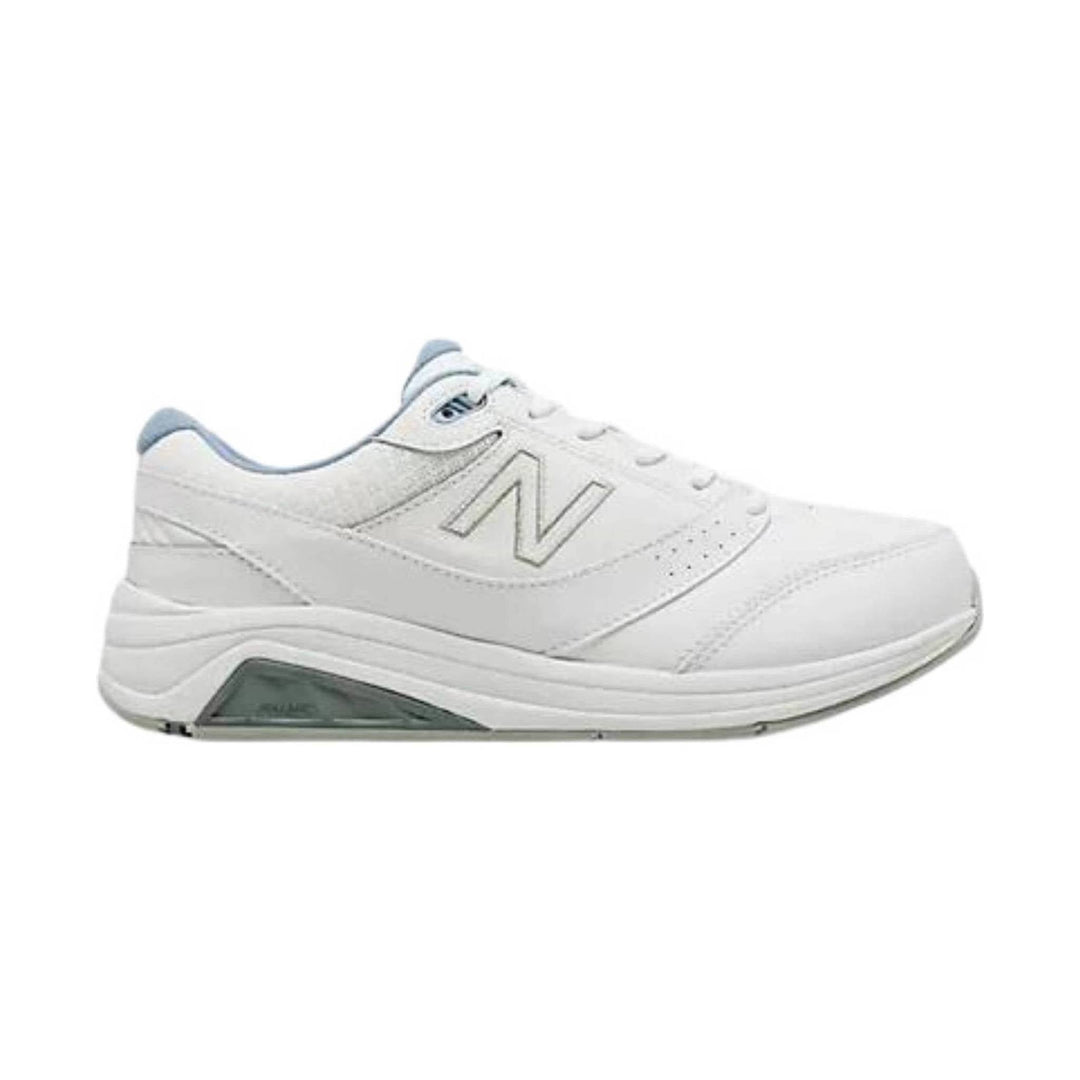 White lace-up athletic shoe with side logo, padded collar, and gray-blue heel accents