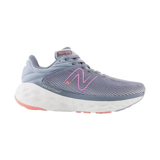 Gray running shoe with pink logo, white midsole, and mesh upper
