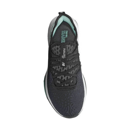 Black athletic sneaker with white side sole, mesh upper, and teal lining, shown from above