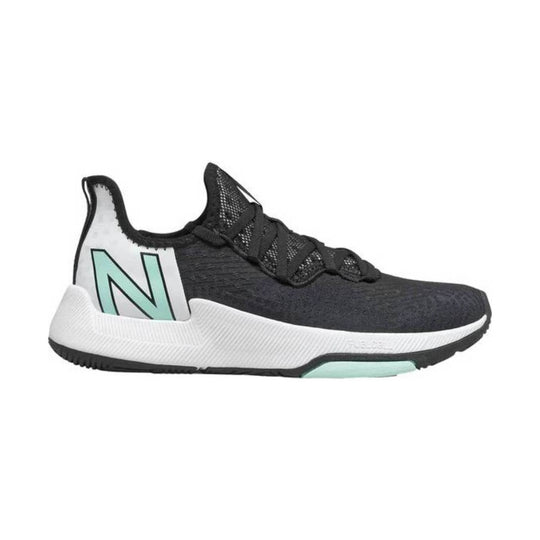 Black athletic sneaker with white sole, mint heel logo, and lace-up mesh upper