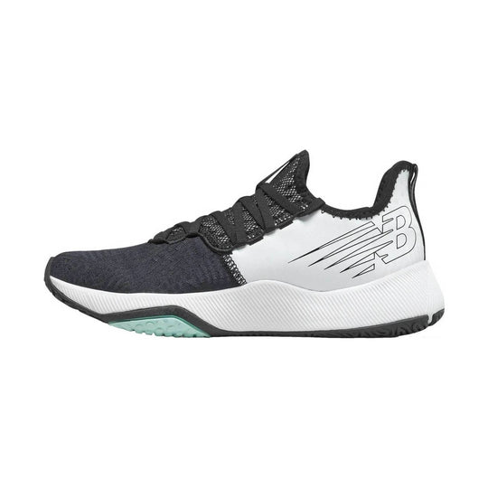 Black and white athletic sneaker with mesh laces, white midsole, and large side logo