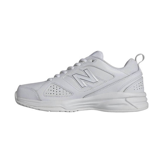 White low-top walking sneaker with mesh panels, perforations, and a large side logo
