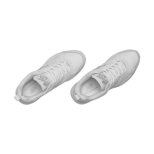 White athletic walking shoes shown from above with laces and perforated panels