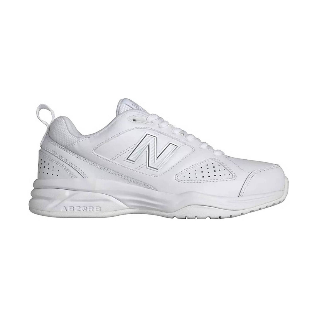White low-top walking sneaker with side mesh panels, perforations, and a large side logo