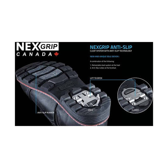 Black boot sole with retractable cleats and anti-slip rubber tread