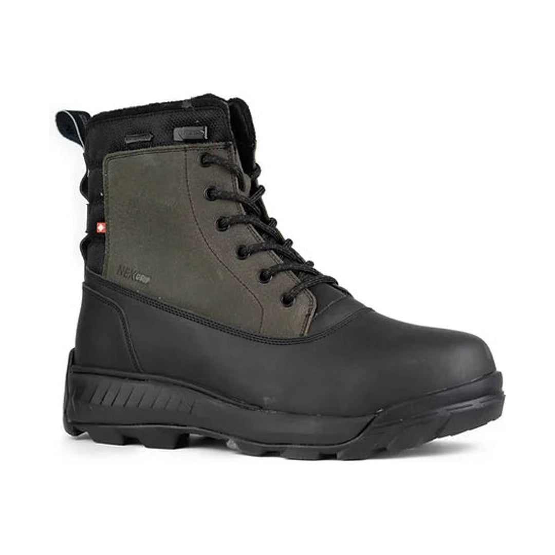 Black lace-up winter work boot with olive upper and thick treaded sole