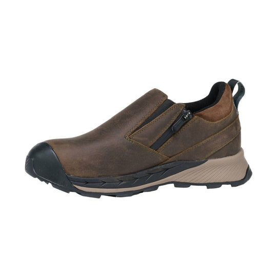 Brown slip-on hiking shoe with black toe cap, side zipper, and beige sole