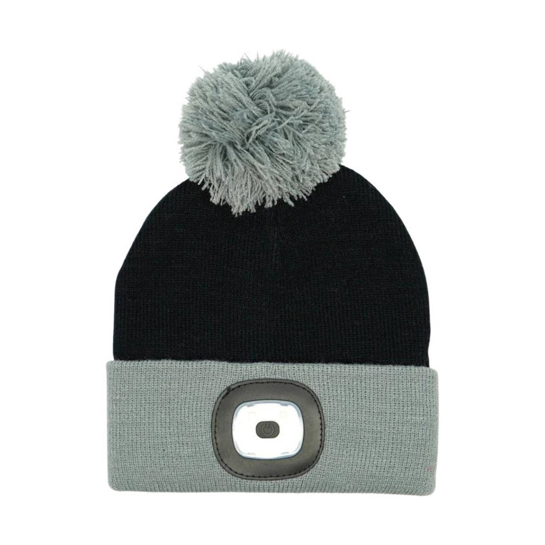 Black knit beanie with gray cuff, pom-pom, and small front light panel
