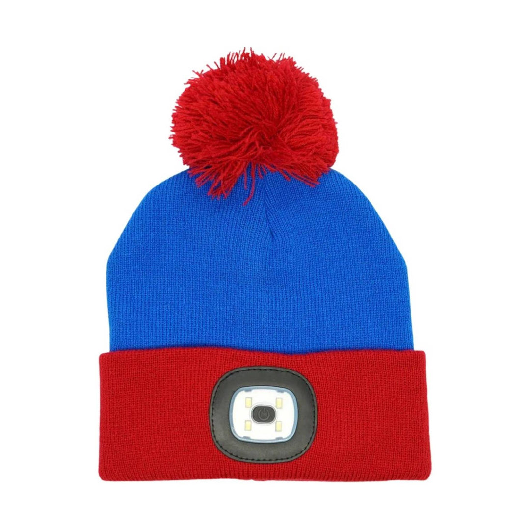 Blue knit beanie with a red cuff, red pom-pom, and a square front light patch