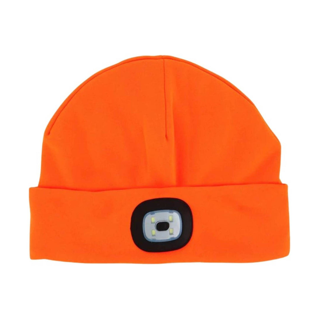 Bright orange beanie with a black square front patch and reflective safety light
