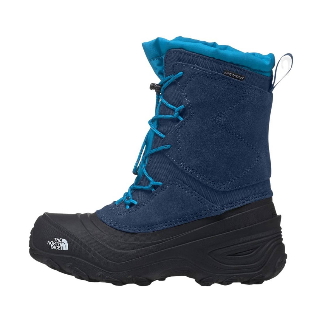 Blue waterproof winter boot with bright blue laces and black rubber sole