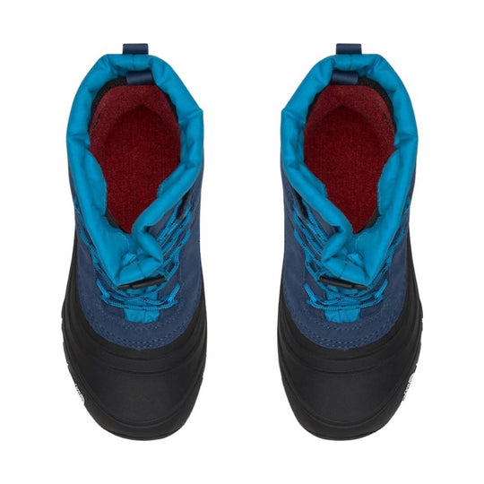 Top view of a pair of blue and black winter boots with pull tabs and red lining