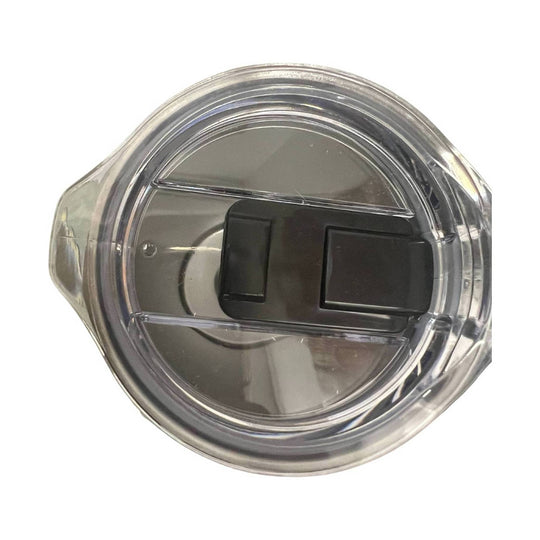 Clear-lidded stainless steel travel tumbler with black sliding closure on the top