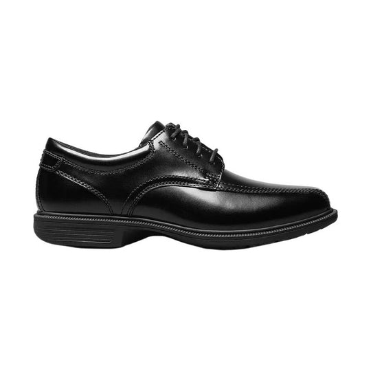 Black leather lace-up dress shoe with a rounded toe and low heel, shown in side view.