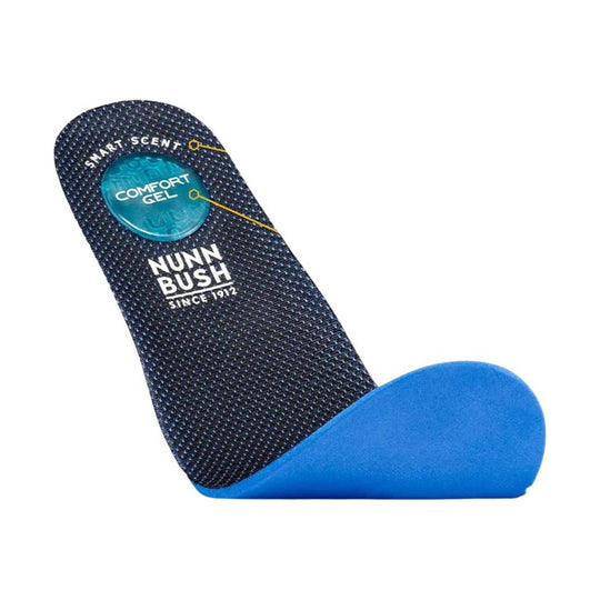 Charcoal textured shoe insole with blue gel heel cup
