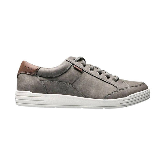 Gray lace-up casual sneaker with brown heel detail and a white rubber sole