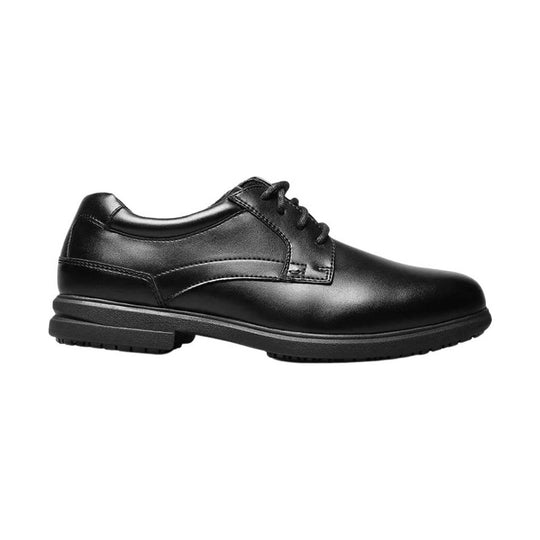 Black leather lace-up oxford dress shoe with a thick treaded sole
