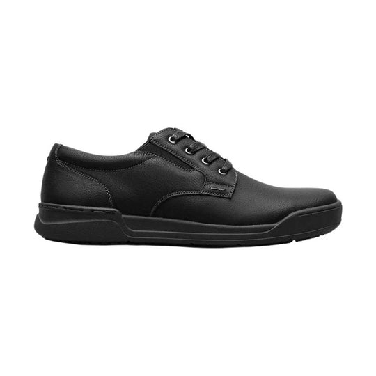 Black lace-up oxford shoe with a textured upper and thick rubber sole, side view on white background