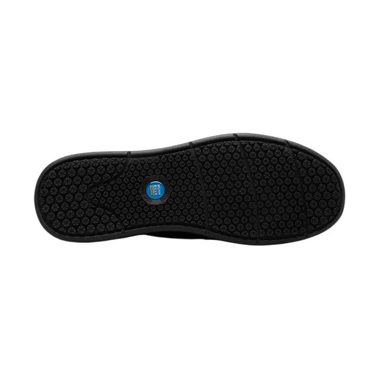Black shoe outsole with textured tread and a blue circular logo near the arch