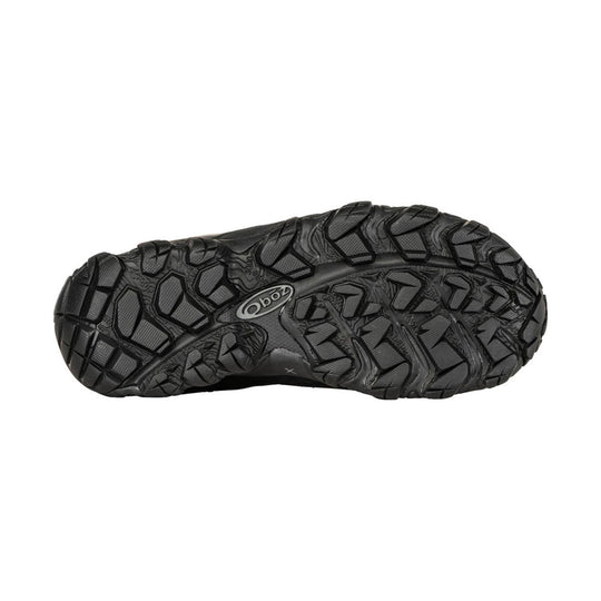 Black lugged boot outsole with an Oboz logo