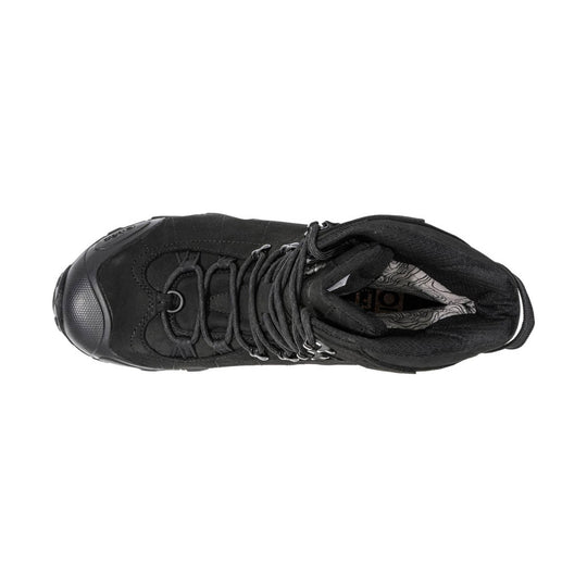 Black insulated winter hiking boot shown from above, with lace-up closure and padded collar