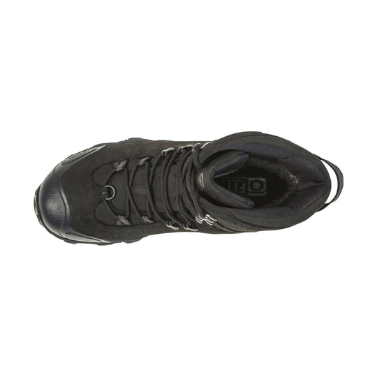 Black insulated hiking boot viewed from above with thick laces and a rubber toe cap