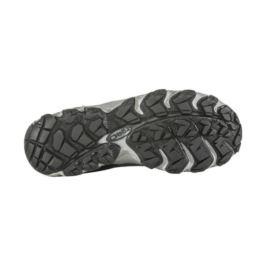 Black and gray hiking boot outsole with deep lugs and Oboz logo