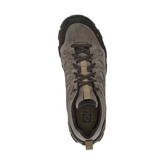 Gray low-cut hiking shoe with black sole, mesh panels, and black laces, shown from above