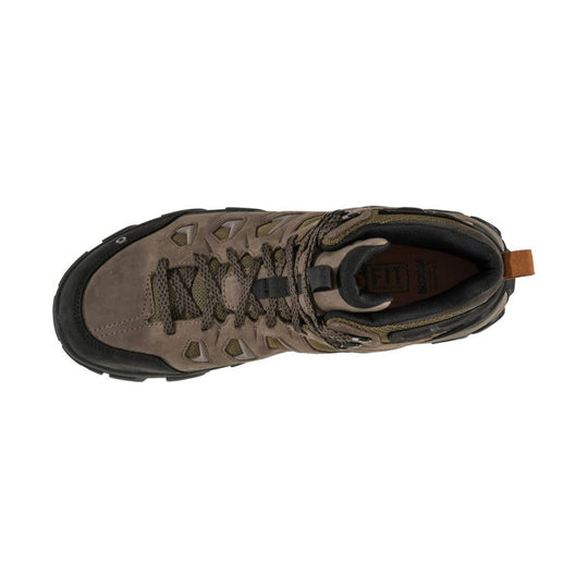 Brown and black mid-top hiking boot with mesh panels, lace-up closure, and a pull tab