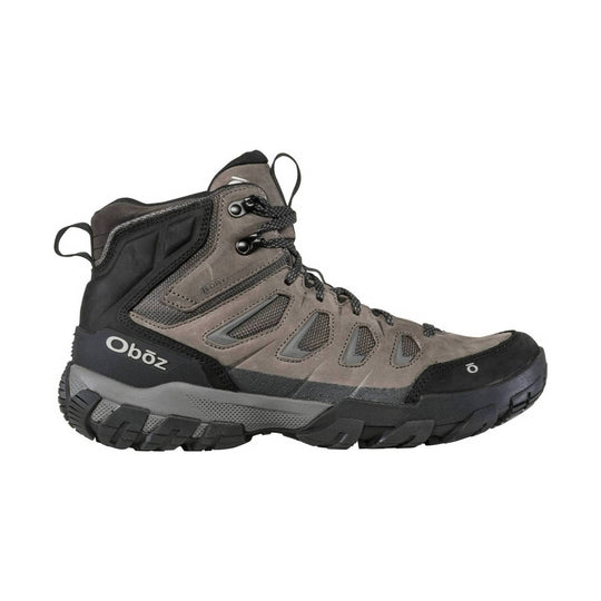 Mid-height gray and black hiking boot with bungee laces and a rugged lug sole