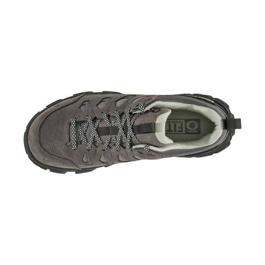 Gray low-cut hiking shoe with bungee laces, mesh panels, and a padded collar, shown from above