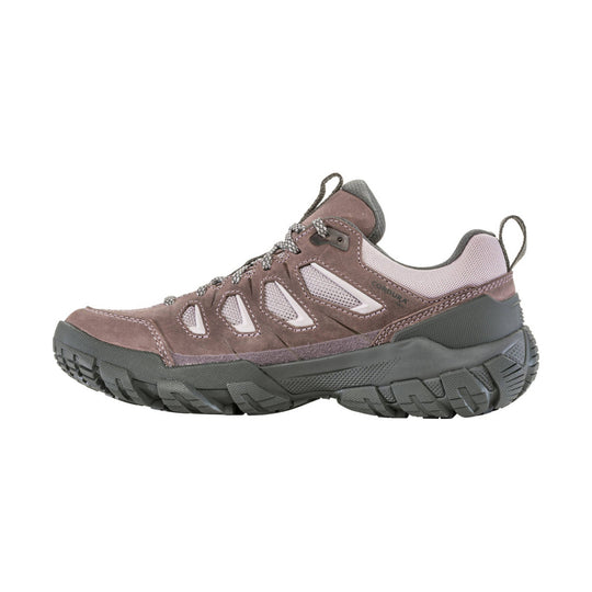 Brown and gray low hiking shoe with mesh panels and lugged sole