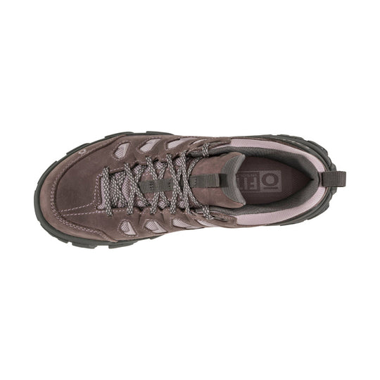 Brown low-top hiking shoe with mesh cutouts, gray laces, and black tread
