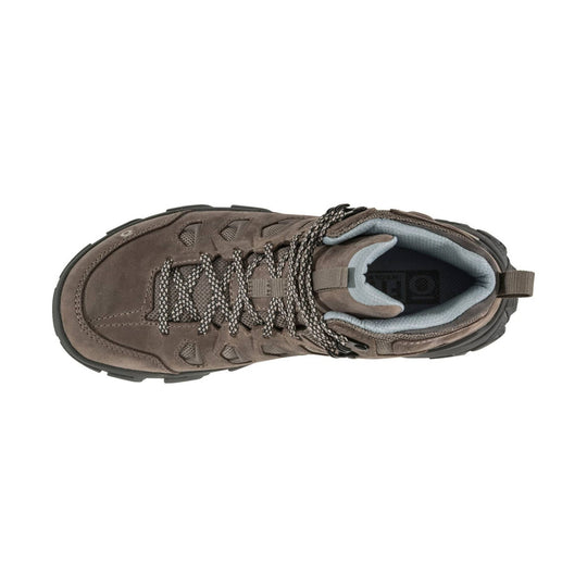 Brown mid-height hiking boot with bungee laces, mesh panels, and a padded collar, shown from above