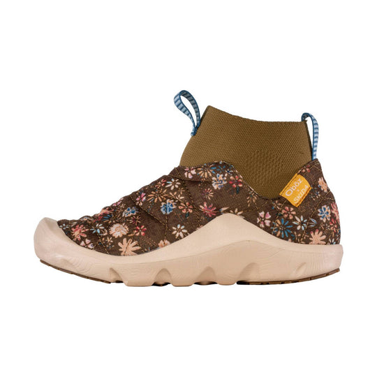 Brown floral mid-top hiking shoe with a cream sole and pull tabs