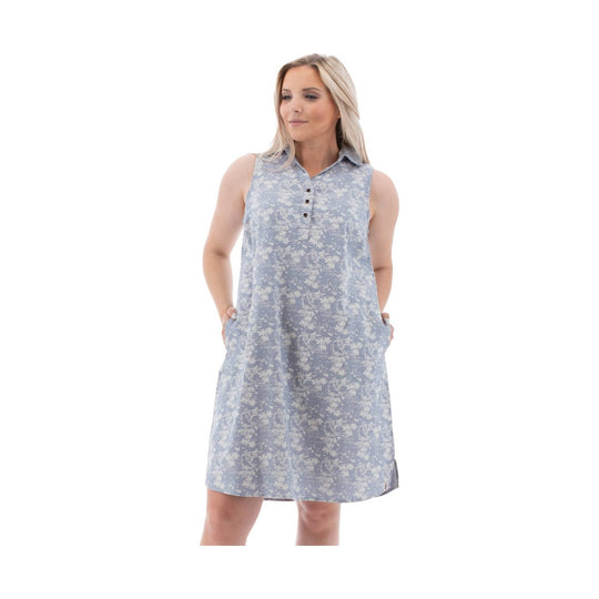 Sleeveless blue floral button-front dress with collar and pockets