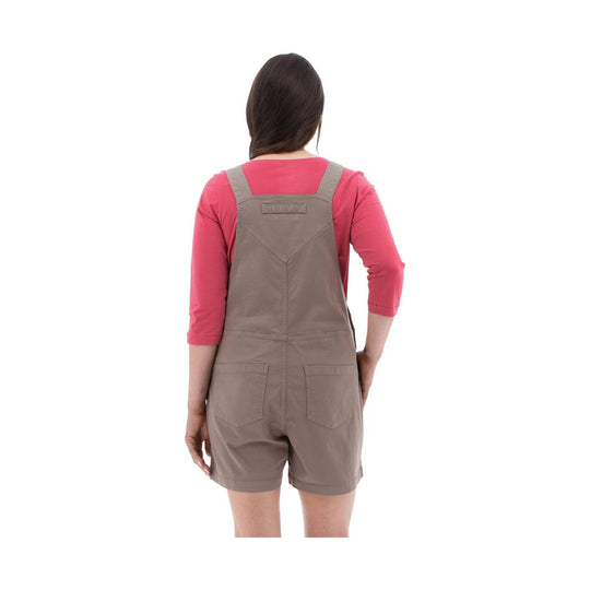 Taupe short overalls with back pockets and a red long-sleeve shirt, shown from the back