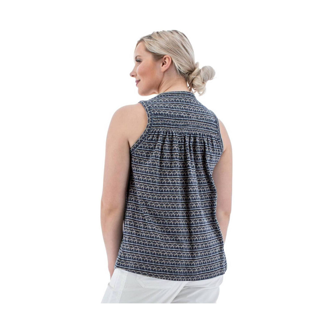 Dark patterned sleeveless tank top with a gathered back detail, shown from behind