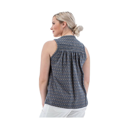 Dark patterned sleeveless tank top with a gathered back detail, shown from behind