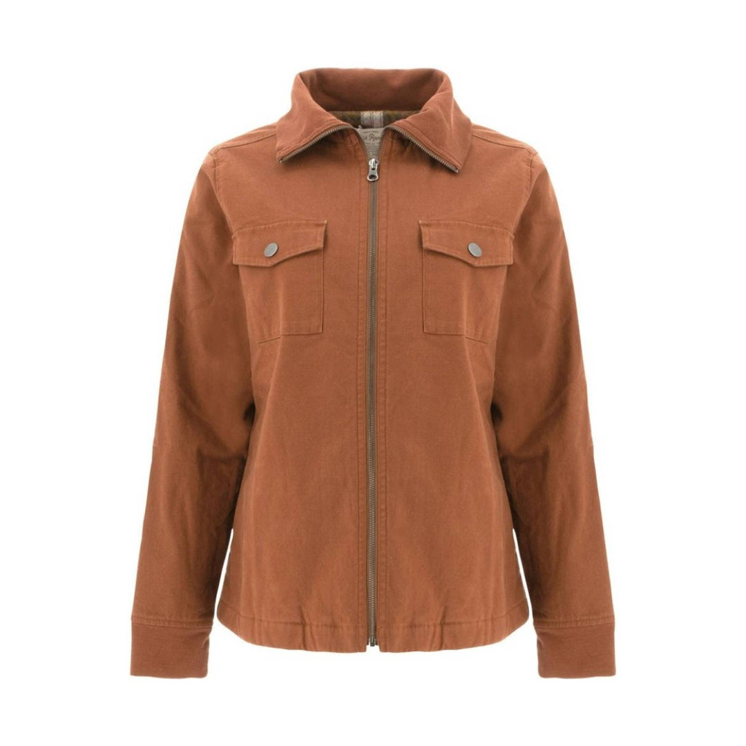 Rust-colored zip-front jacket with pointed collar, flap chest pockets, and long sleeves