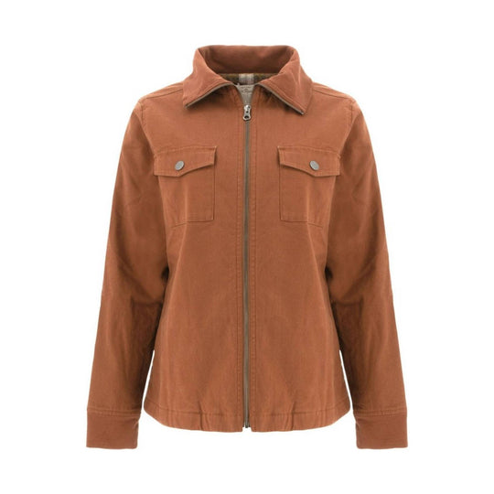 Rust-colored zip-front jacket with pointed collar, flap chest pockets, and long sleeves