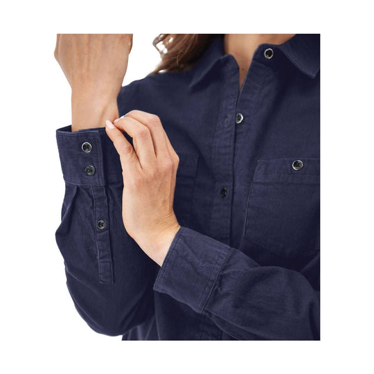 Navy corduroy button-up shirt with chest pocket and snap cuffs, shown on a model