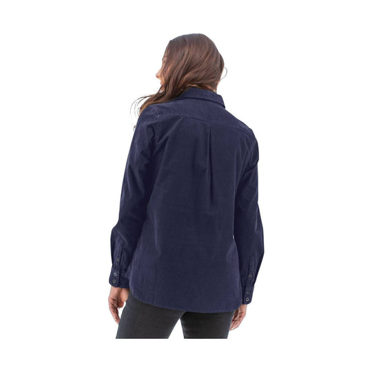 Navy long-sleeve button-up shirt shown from the back