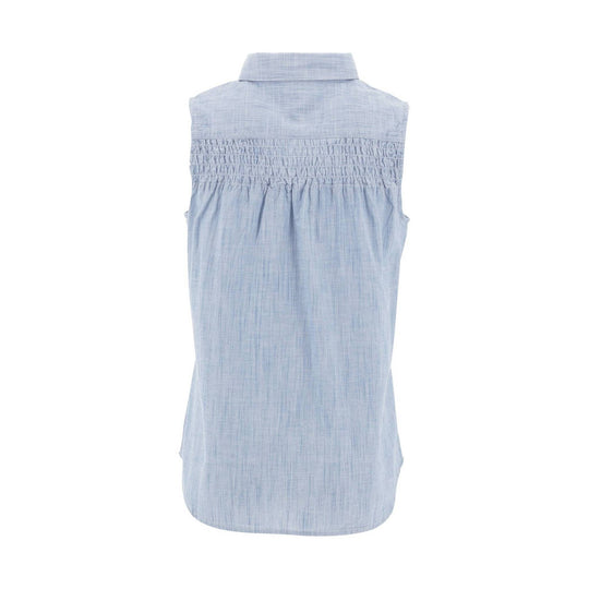 Light blue sleeveless button-up tunic top with a collared neckline and shirred back panel