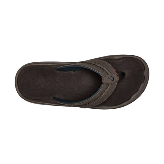 Brown thong sandal shown from above with a logo on the strap