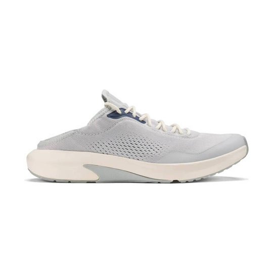 Light gray slip-on sneaker with knit upper, cream sole, and off-white laces, side view