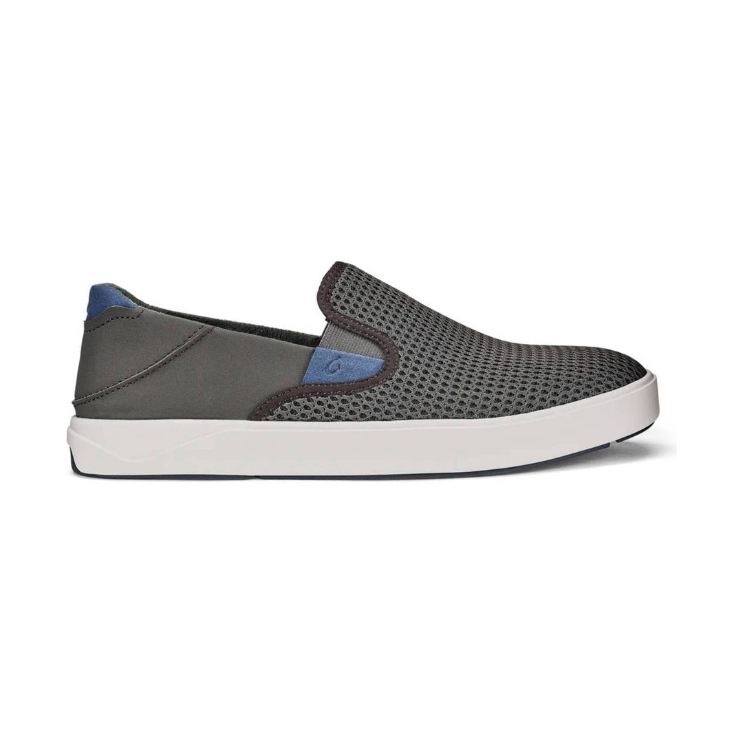Gray slip-on sneaker with mesh upper, blue heel accent, and white platform sole